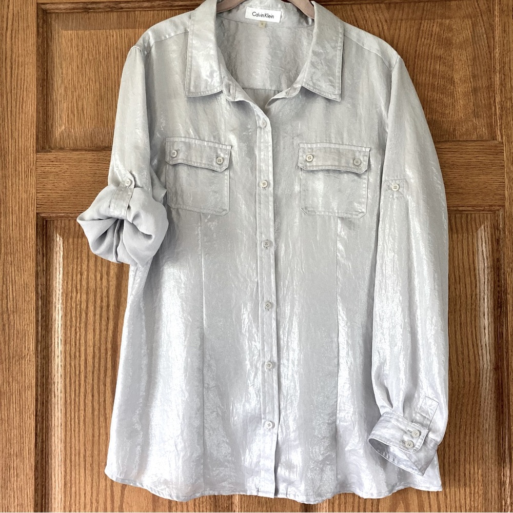 Calvin Klein Silvery Gray Button-up Shirt Large - Picture 2 of 7